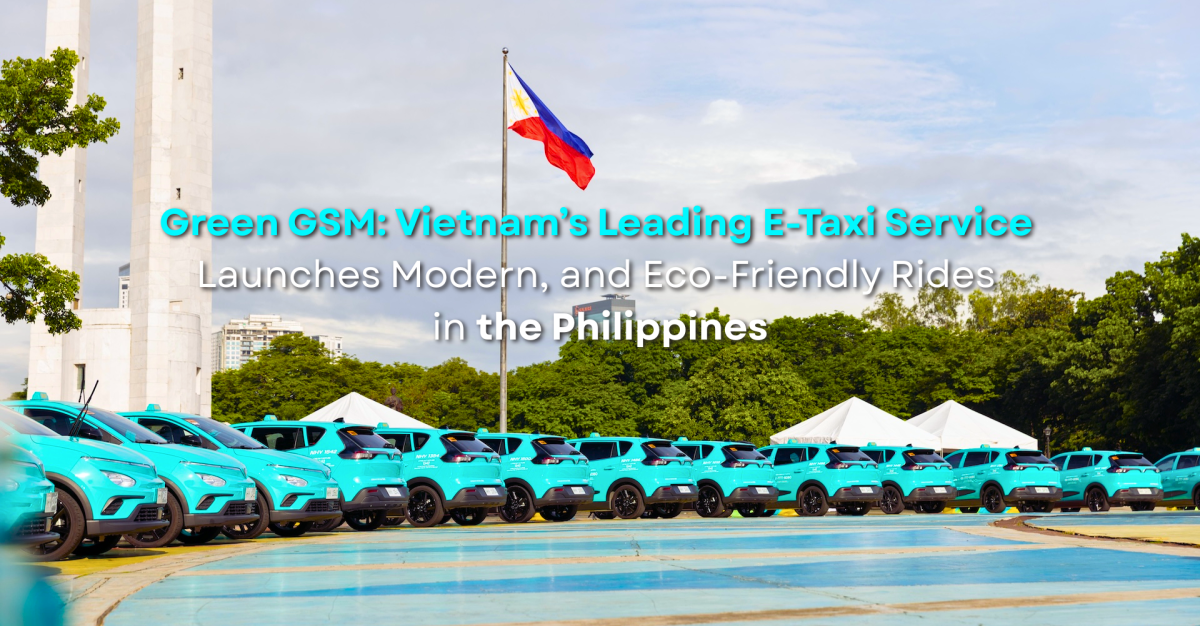 Green GSM electric taxis lined up at Quezon Memorial Circle in Manila, marking the launch of Vietnam’s eco-friendly e-taxi service in the Philippines.
