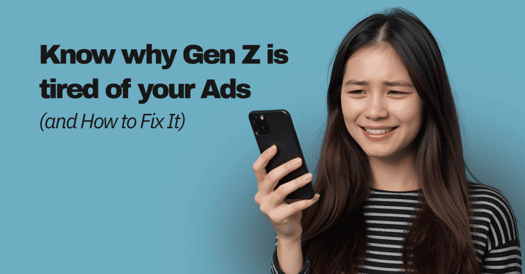Young Gen Z viewer looking frustrated while scrolling social media, representing ad fatigue and repetitive advertising.