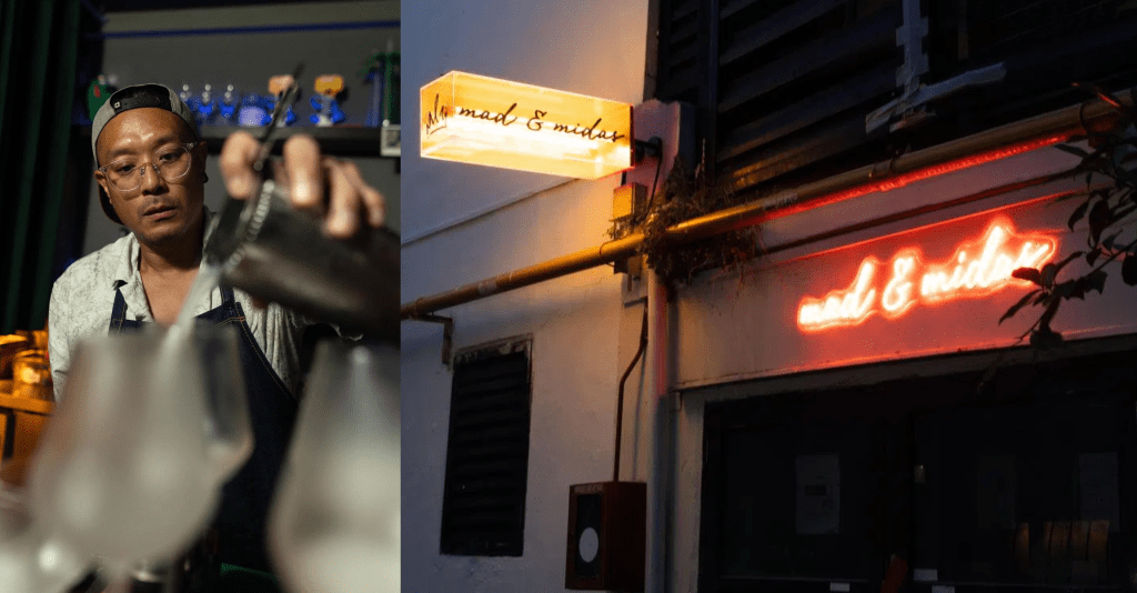 Naz Arjuna, owner-bartender of Mad & Midas, crafting playful cocktails at a hidden speakeasy in Ann Siang Hill, Singapore