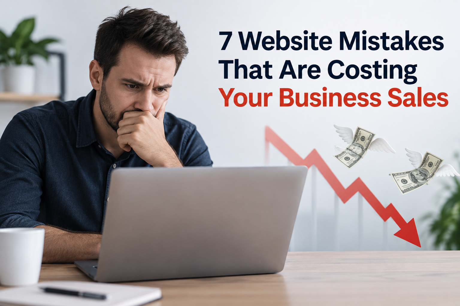 Business owner looking concerned at a laptop beside a declining sales graph, illustrating seven website mistakes costing businesses sales.