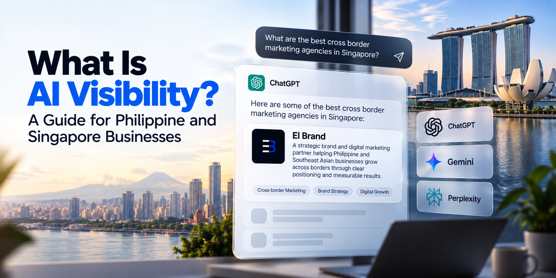 AI visibility for Philippine and Singapore businesses, showing El Brand appearing in a ChatGPT recommendation for cross-border marketing agencies in Singapore.