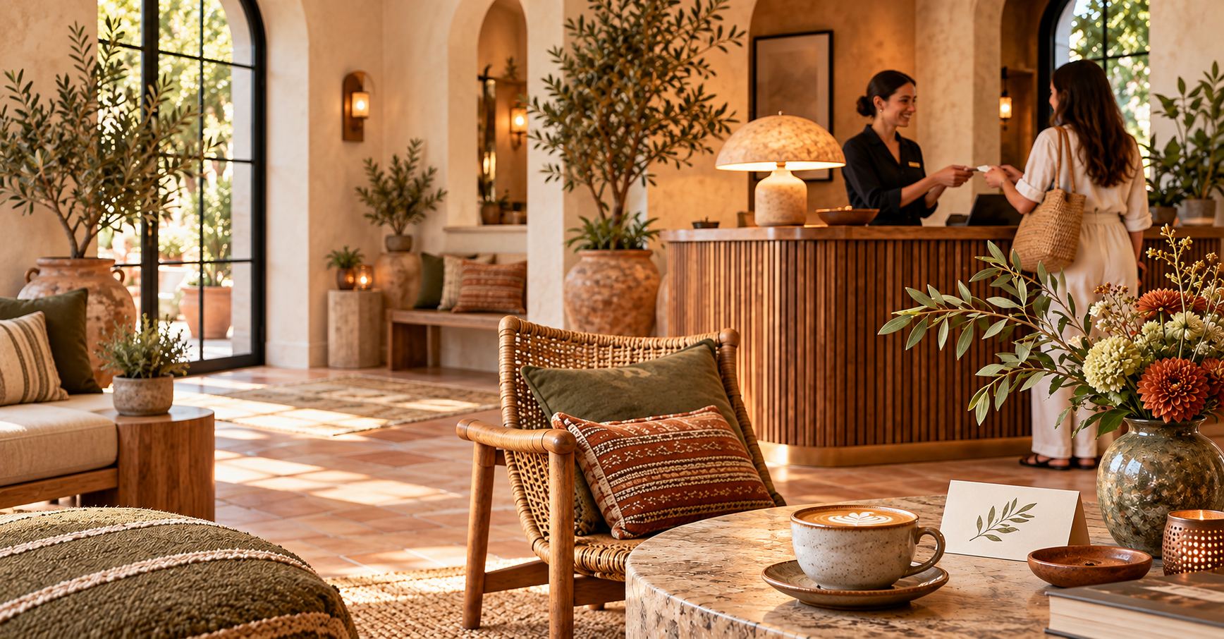 Boutique hotel receptionist welcoming a guest, with warm interiors, flowers and coffee beside the article title.