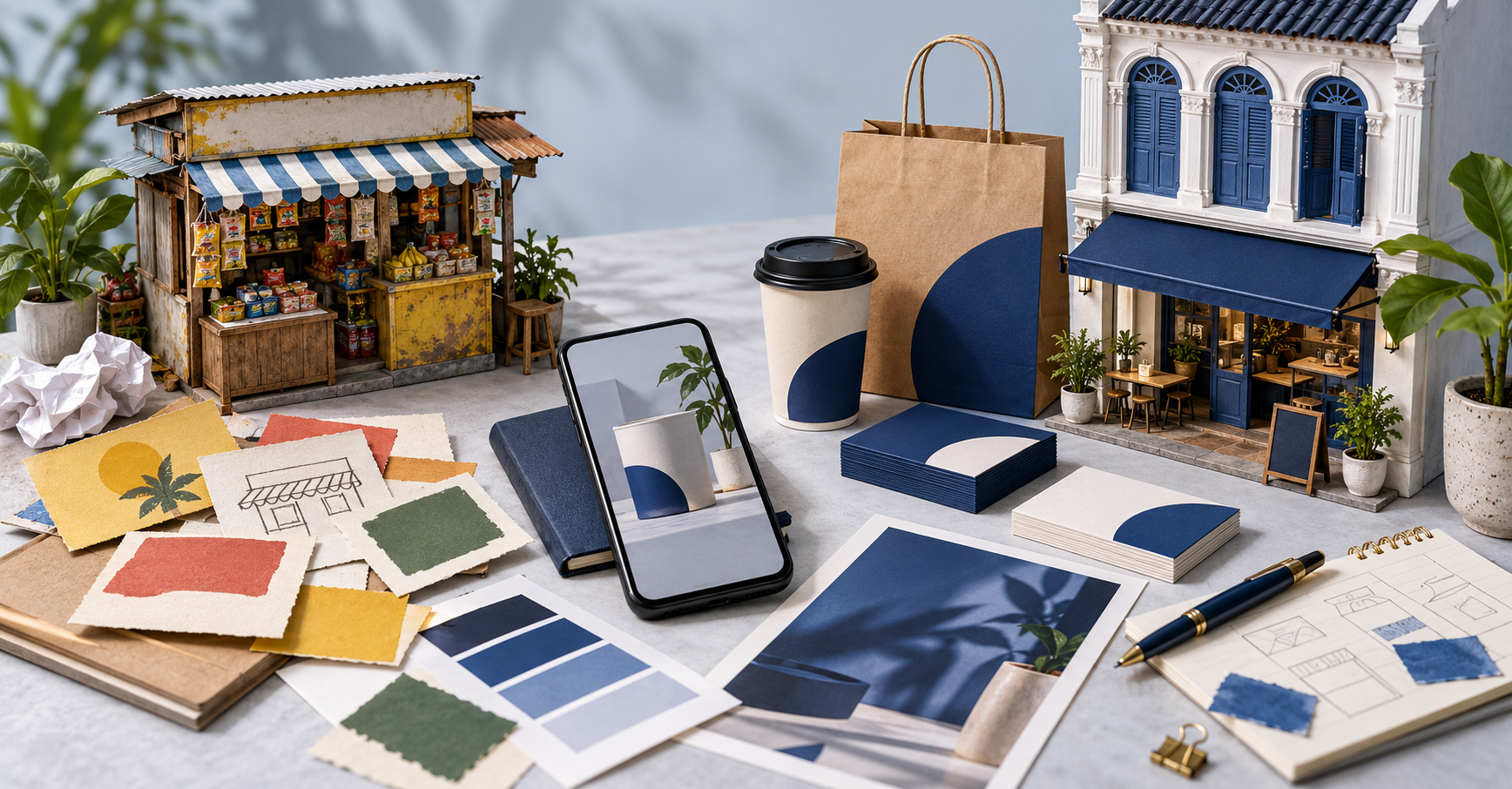 Two SME storefronts with coordinated signage, packaging and digital brand designs