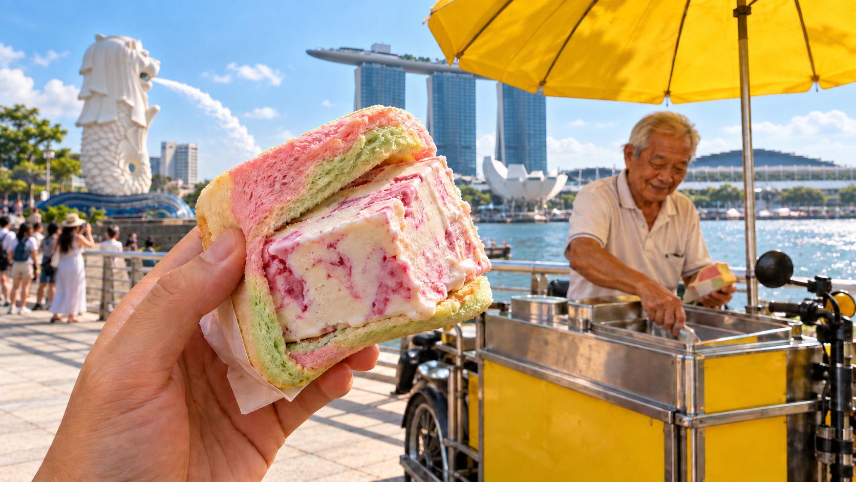 Hand holding rainbow bread ice cream beside a vendor under a white Magnolia umbrella, with the Merlion and Marina Bay Sands behind.